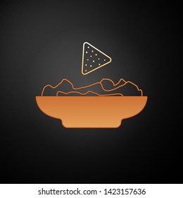 Gold Nachos in plate icon isolated on black background. Tortilla chips or nachos tortillas. Traditional mexican fast food. Vector Illustration