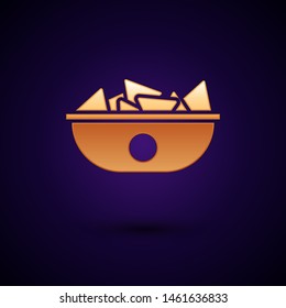 Gold Nachos in plate icon isolated on dark blue background. Tortilla chips or nachos tortillas. Traditional mexican fast food menu.  Vector Illustration