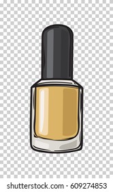 Gold nail varnish in bottle with black lid isolated on transparent background. Fashionable and glamorous nail polish for elegant manicure vector illustration. Modern trendy beauty tool image.