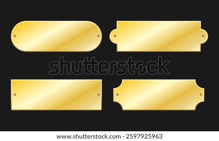 Gold nameplates of various shapes. Vector illustration isolated on a black background. EPS10