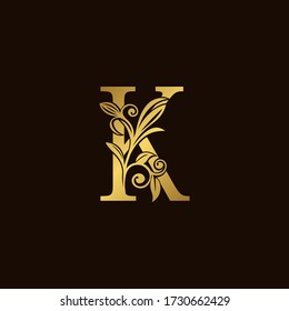 Gold Nature K Luxury Letter Logo Concept. Elegant floral style with  alphabet font vector design template.