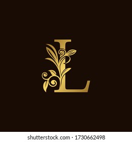 Gold Nature L Luxury Letter Logo Concept. Elegant floral style with  alphabet font vector design template.