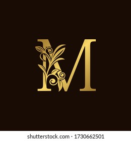 Gold Nature M Luxury Letter Logo Concept. Elegant floral style with  alphabet font vector design template.