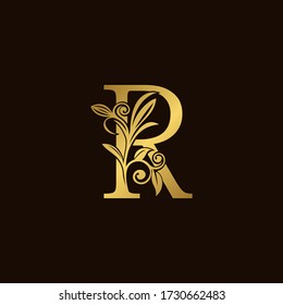 Gold Nature R Luxury Letter Logo Concept. Elegant floral style with  alphabet font vector design template.