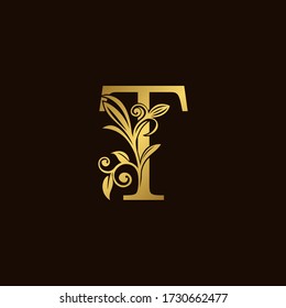 Gold Nature T Luxury Letter Logo Concept. Elegant floral style with  alphabet font vector design template.