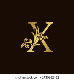 Gold Nature X Luxury Letter Logo Concept. Elegant floral style with  alphabet font vector design template.