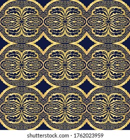 Gold navy blu foil medallion texture seamless background. Metallic golden ornate decorative ogee motif. Elegant floral shine ornament pattern. Festive winter party bling wallpaper all over print.