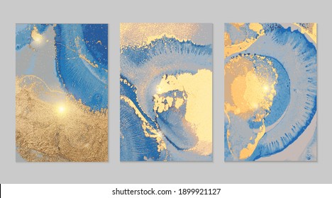 Gold and navy blye stone marble pattern with sparkles. Abstract vector background in alcohol ink technique. Modern paint with glitter. Set of templates for banner, poster design. Fluid art