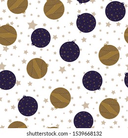 Gold and navy Christmas decorations seamless pattern. Can de used as wrapping paper, packaging, wallpaper, background, etc