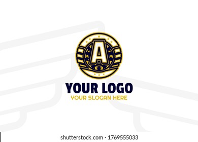 Gold and Navy Squad Logogram Template for your sport team, group project, and many more. In Alphabet design concept with gold star.