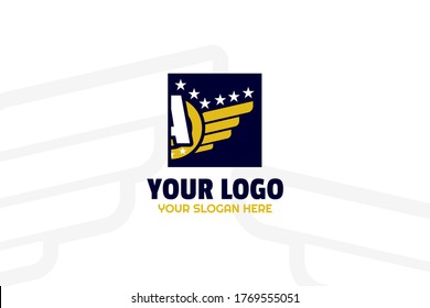 Gold and Navy Squad Logogram Template for your sport team, group project, and many more.in Alphabet with wing and golden star design concept