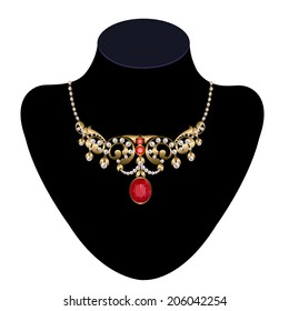 Gold necklace adorned with pearls and rubies on a mannequin