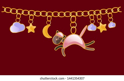 Gold necklace. Bracelet. Chain with yellow rings. To create prints on children s clothing, textiles, fabrics, to decorate the interior of the children s room. Vector illustration