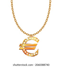 Gold necklace chain with euro symbol. vector illustration isolated on white. Gold finance value, european currency