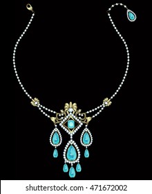 Gold necklace with diamonds and aquamarine pendants