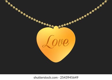 Gold necklace with heart shape and love text. Golden accessory on black background. Valentine's day, wedding anniversary gift. Vector EPS 10