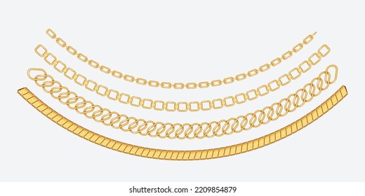 Gold necklace realistic set. Luxury jewelry pendant or coulomb on transparent background isolated. Golden accessory for female. 3d vector illustration