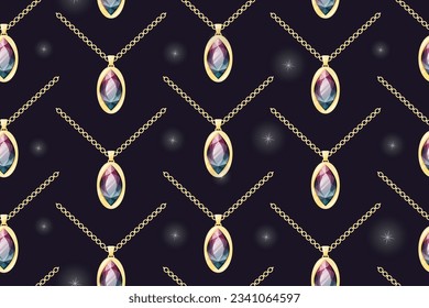 Gold necklace with ruby gemstone pendant. Vector seamless cartoon pattern, women shining chain, precious jewelry.