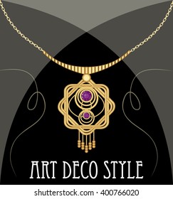 Gold necklace star shape with purple amethyst on fine golden chain, elegant vintage jewel in art deco style