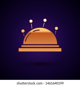 Gold Needle bed and needles icon isolated on dark blue background. Handmade and sewing theme.  Vector Illustration
