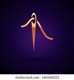 Gold Needle for sewing with thread icon isolated on dark blue background. Tailor symbol. Textile sew up craft sign. Embroidery tool.  Vector Illustration
