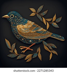 Gold needlework bird. Embroidery textured colorful bird on the branch. Tapestry embroidered tropical bird. Vector background illustration. Design for card, print, diy, applique. Ornate surface texture