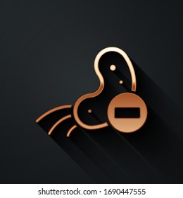 Gold Negative virus icon isolated on black background. Corona virus 2019-nCoV. Bacteria and germs, cell cancer, microbe, fungi. Long shadow style. Vector Illustration