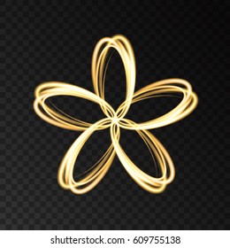 Gold neon abstract  light effect  flower  isolated on dark background. Vector golden logo for  cosmetic, fashion, eco, bio company, yoga or spa salon.
