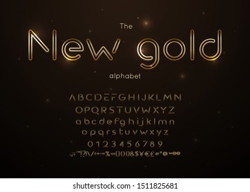 Gold neon alphabet font. Vector bright letters and numbers