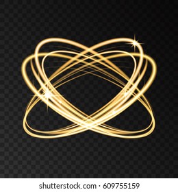 Gold neon circle lights effect with stars and sparks isolated on black transparent background. Shining  golden  magic  beams. Vector design element.