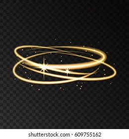 Gold neon circle speed motion lights effect with sparks isolated on black transparent background. Shining  golden  magic flash ring trace. Vector glitter shimmer ovals.
