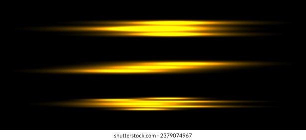 Gold neon divider lines set. Yellow glowing horizontal stripes collection. Fluorescent golden light sticks pack. Shining laser beams bundle. Vector elements for poster, banner, cover, decoration