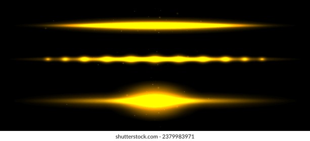 Gold neon divider lines set. Yellow glowing horizontal stripes collection. Fluorescent golden light lines pack. Shining laser beams bundle. Vector elements for poster, banner, cover, decoration