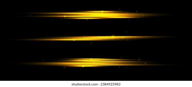 Gold neon divider lines set. Yellow glowing horizontal stripes collection. Fluorescent golden light streak with sparks and sparkles pack. Shining laser beams. Vector elements for poster, banner, decor