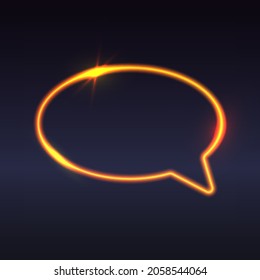 Gold neon frame, empty speech bubble, talk, dialog on black background. Vector illustration for card, design, flyer, poster, banner, web, advertising.