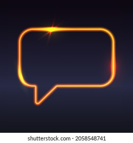 Gold neon frame, empty speech bubble, talk, dialog on black background. Vector illustration for card, design, flyer, poster, banner, web, advertising.