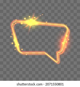 Gold neon frame, empty speech bubble, talk, dialog with shine and sparkles isolated on transparent background. Vector illustration for card, design, flyer, poster, banner, web, advertising.
