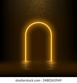 Gold neon light arch. Glow door in futuristic style with falling glitter effect. Abstract golden fairy arc with reflection in water under rain of luxury confetti vector illustration.