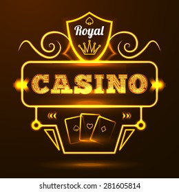 Gold neon light illuminated sign casino entrance with cards and crown elements vector illustration