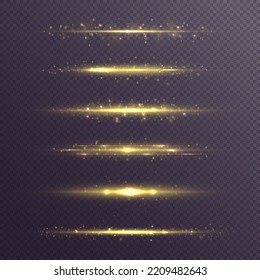 Movimiento de velocidad de las líneas de neón dorado, vigas láser con luces. Línea dorada con explosión eléctrica. Racha brillante con polvo de efecto ligero. Conjunto de bengalas de lente, estrellas amarillas y chispa de destello. Vector	