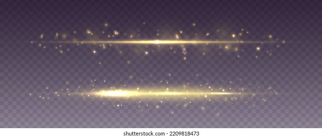 Gold neon lines speed motion, laser beams with lights. Golden ray line with electric flash explosion. Glowing streak with light effect dust. Set of lens flares, yellow stars and sparkle spark. Vector	