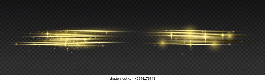 Gold Neonlinien Geschwindigkeit Bewegung, Laserstrahlen mit Licht. Goldene Linie Fackel Set, kosmische glänzende Funkelsammlung, Vektorgelbe Lichter, zauberhafter Staub. Abstraktes Strahlkit, orangefarbener Weltraumstrahl-Blitz. 