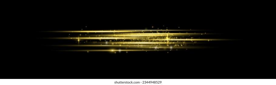 Gold neon lines speed motion, laser beams with lights. Gold line flare set, cosmic shiny sparkle collection, vector yellow lights, magic glowing dust. Abstract beam kit, orange space ray flash. 