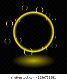 Gold neon magic ring effect. Glowing circular frame vibrant neon light, floating translucent orbs, soap bubbles, wallpaper, futuristic, tech-inspired, or decorative designs.