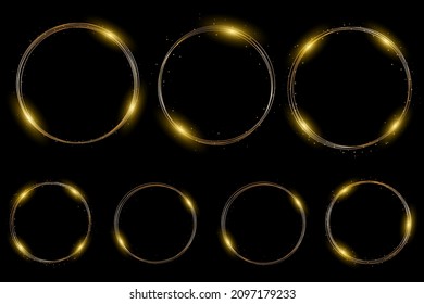 Gold neon round frame with lights effects on black background. Golden flash flies in a circle in a luminous ring, shiny rotation effect with sparks. Glowing magical flashes of fire ring trail. Vector.