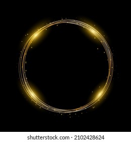 Gold neon round frame with lights effects on black background. Golden flash flies in a circle in a luminous ring, shiny rotation effect with sparks. Glowing magical flashes of fire ring trail. Vector.