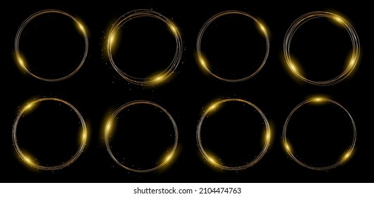 Gold neon round frame with lights effects on black background. Golden flash flies in a circle in a luminous ring, shiny rotation effect with sparks. Glowing magical flashes of fire ring trail. Vector.