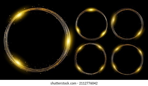Gold neon round frame with lights effects on black background. Golden flash flies in a circle in a luminous ring, shiny rotation effect with sparks. Glowing magical flashes of fire ring trail. Vector.