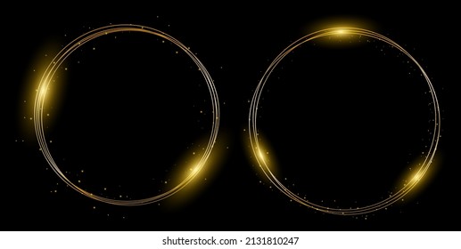 Gold neon round frame with lights effects on black background. Glowing magical flashes of fire ring trail. Golden flash flies in a circle in a luminous ring, shiny rotation effect with sparks. Vector.