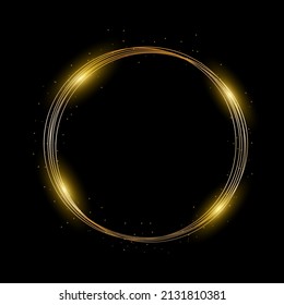 Gold neon round frame with lights effects on black background. Glowing magical flashes of fire ring trail. Golden flash flies in a circle in a luminous ring, shiny rotation effect with sparks. Vector.